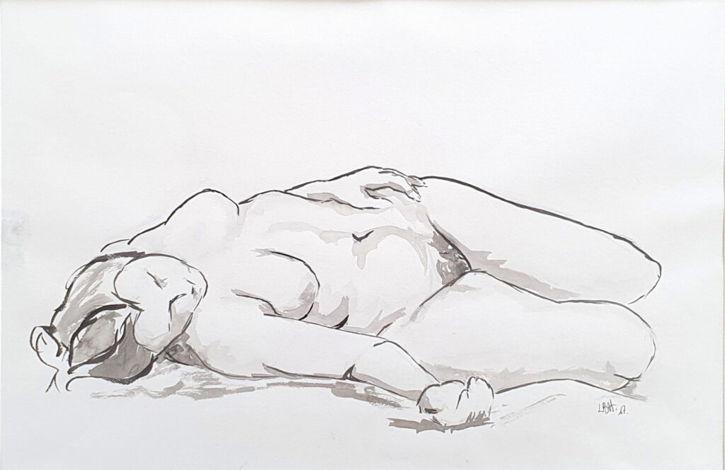Femme nue, allongée tranquillement, encre de chine en lavis