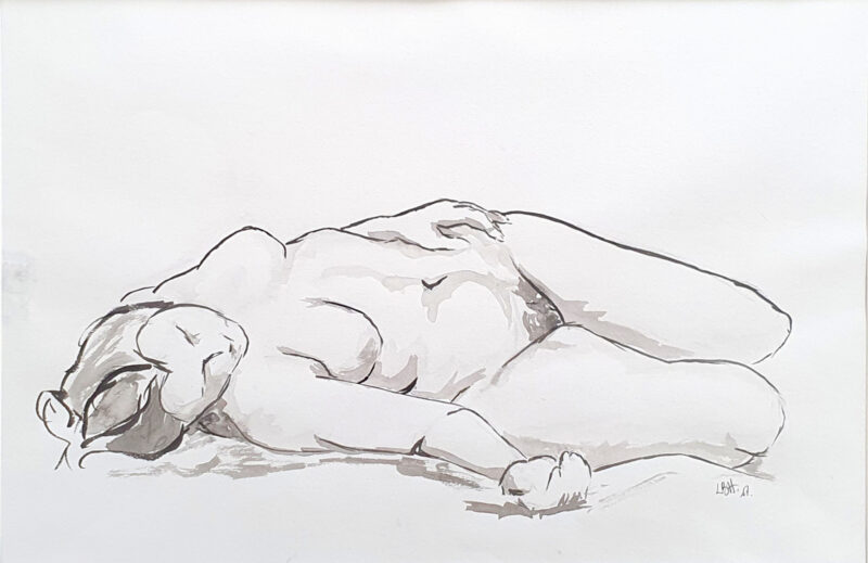 Femme nue, allongée tranquillement, encre de chine en lavis