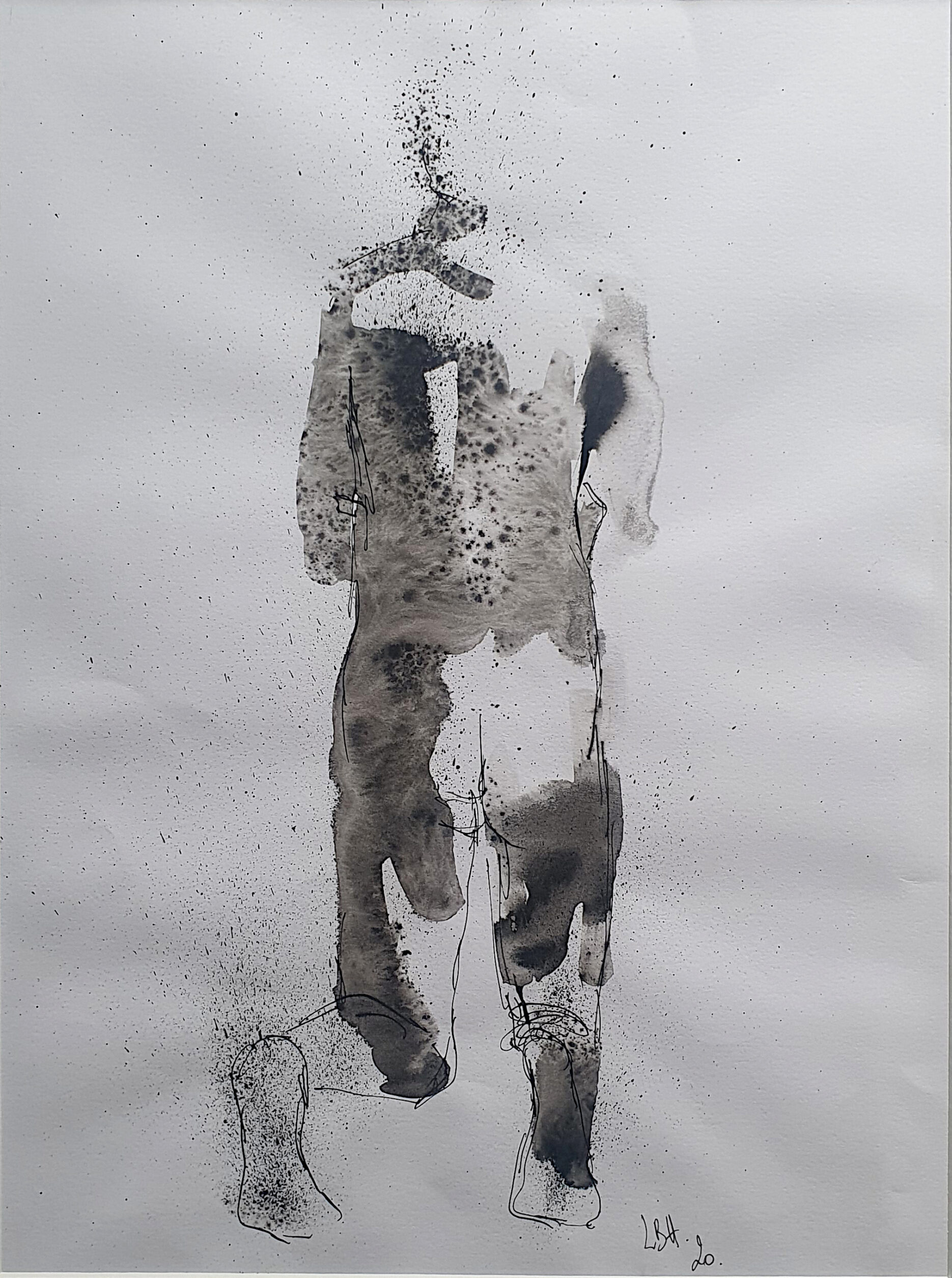 silhouette de dos agenouillée, dessinée par projection d'encre
