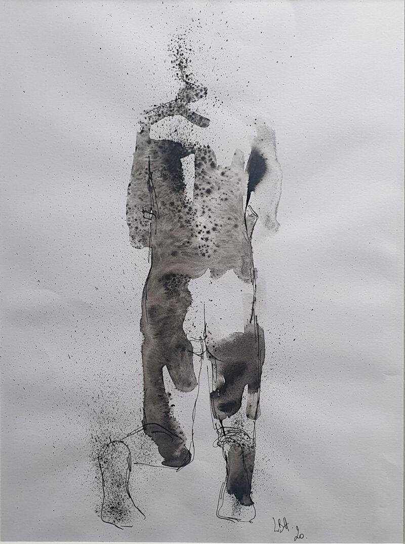 silhouette de dos agenouillée, dessinée par projection d'encre