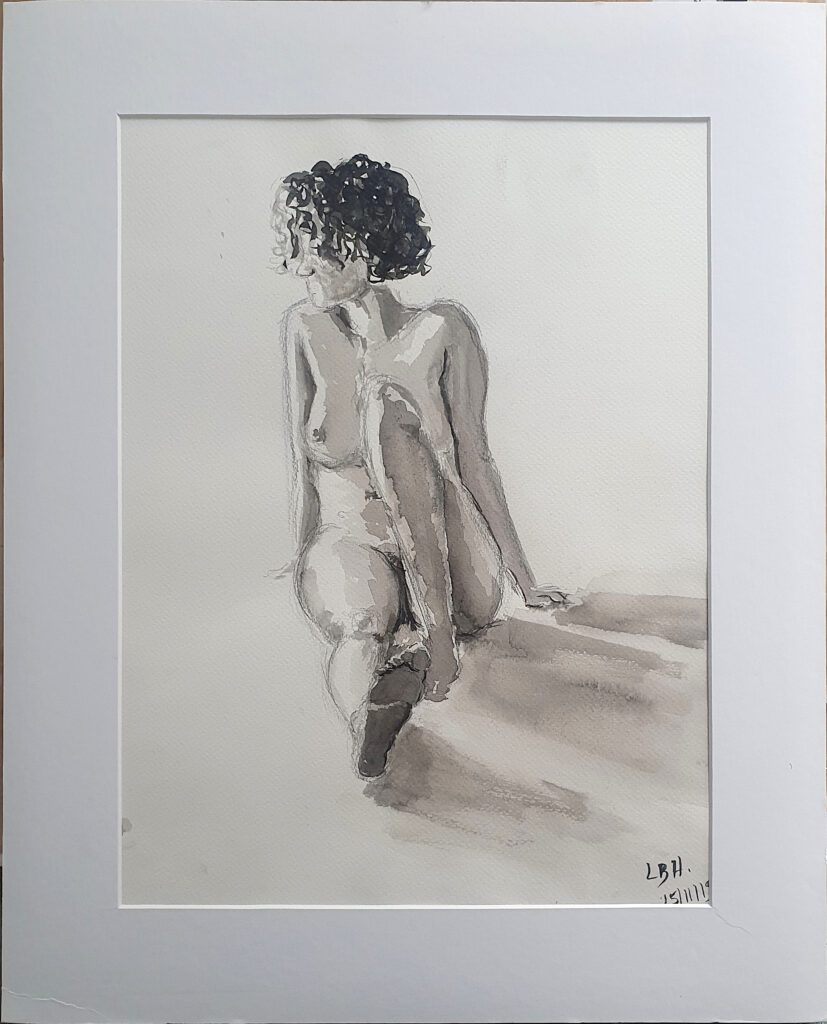 pose nue, modèle femme, encre de chine en lavis