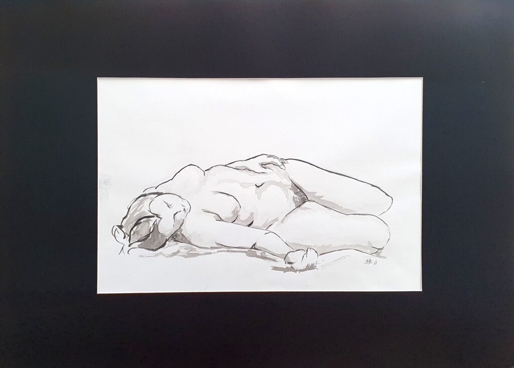 œuvre de modèle vivant, nu, femme lascivement allongée avec passe partout noir