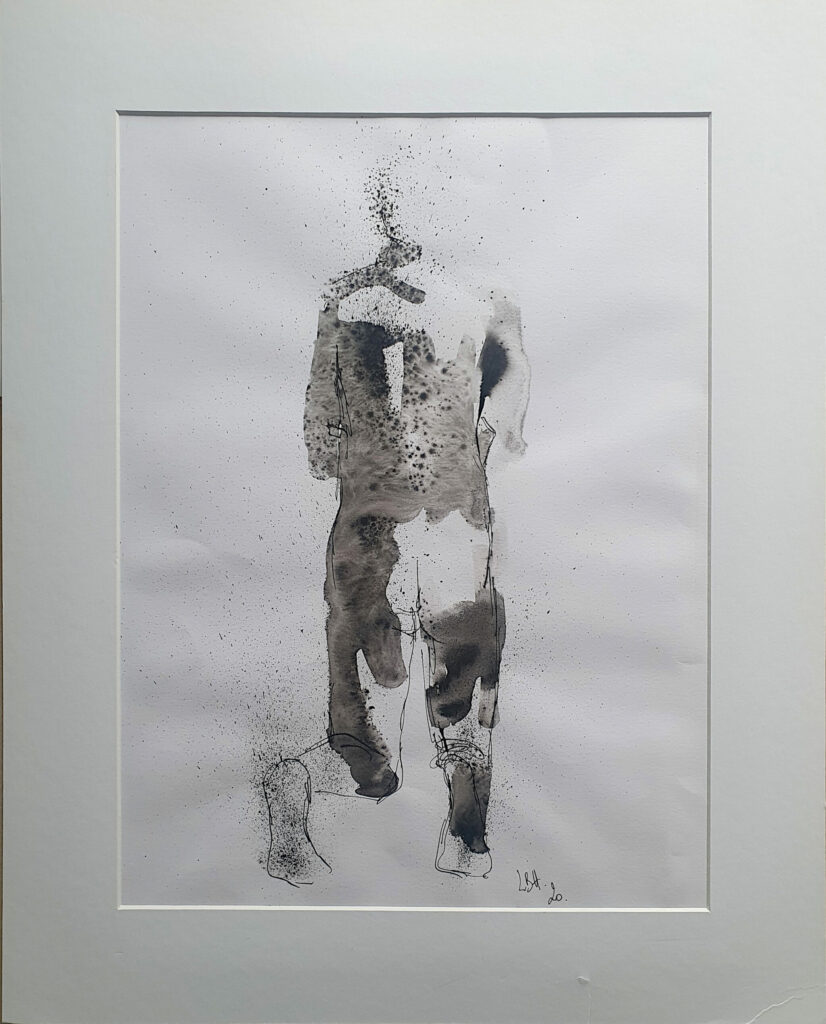 silhouette en recueillement dessinée au trait et projection d'encre