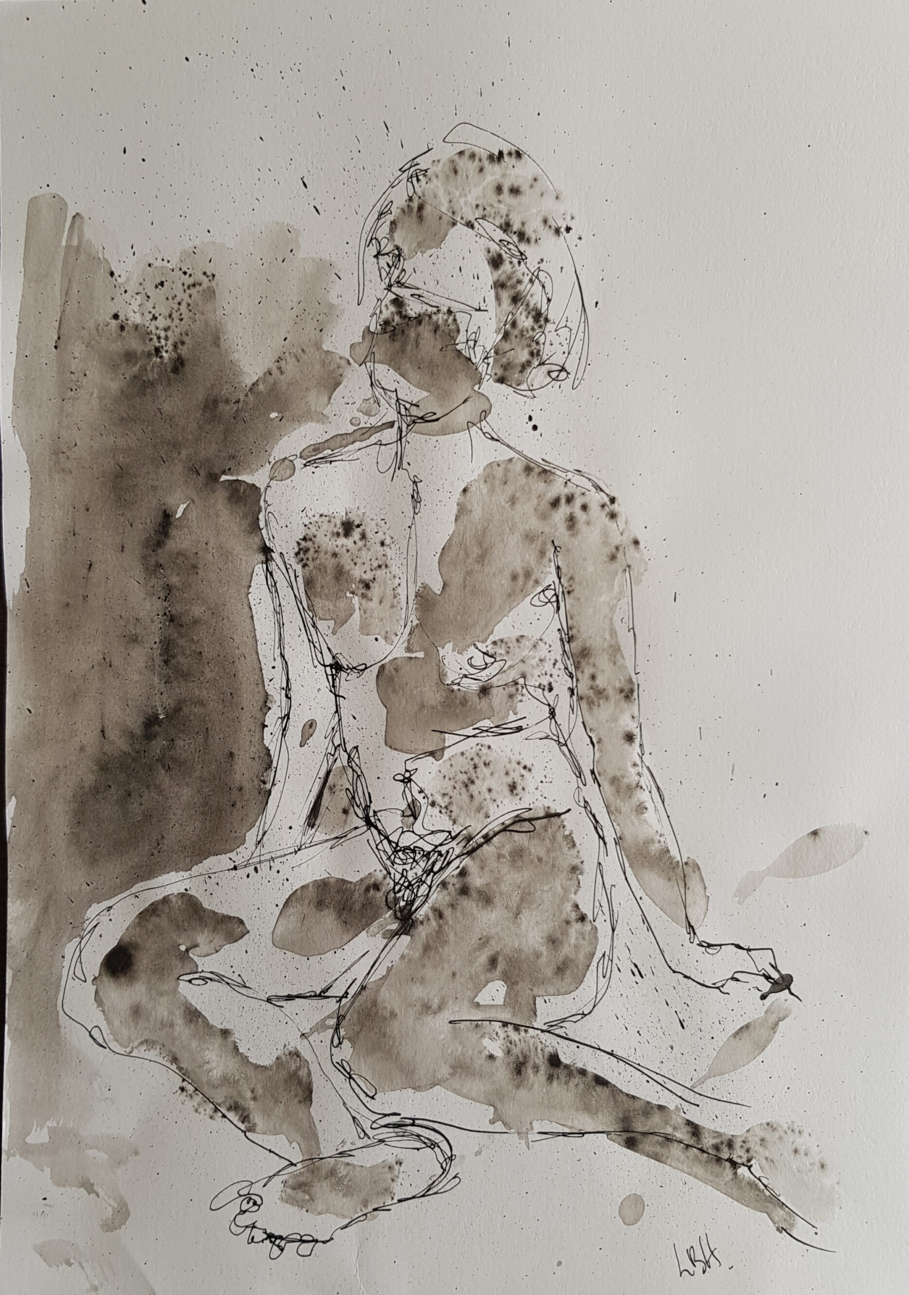 corps d'homme esquissé à la plume, lavis et projection d'encre