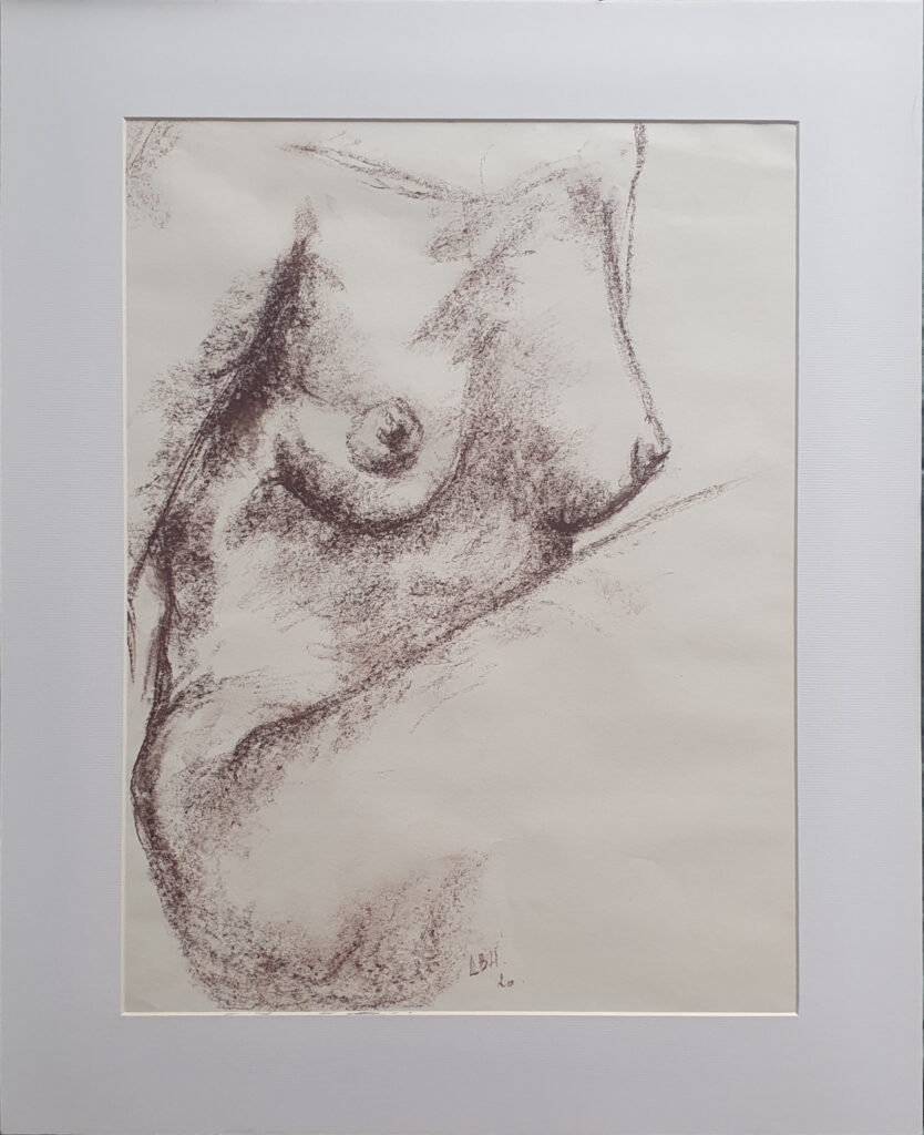 esquisse d'une partie de corps de femme, technique au bistre avec passe partout blanc