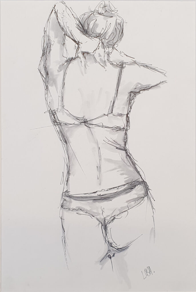 Femme de dos en encre et lavis moment intime