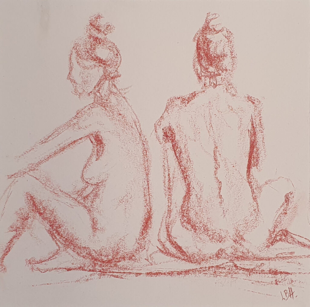 modèle vivant à la sanguine 2 poses qui mis en parallèle invoque l'introspection